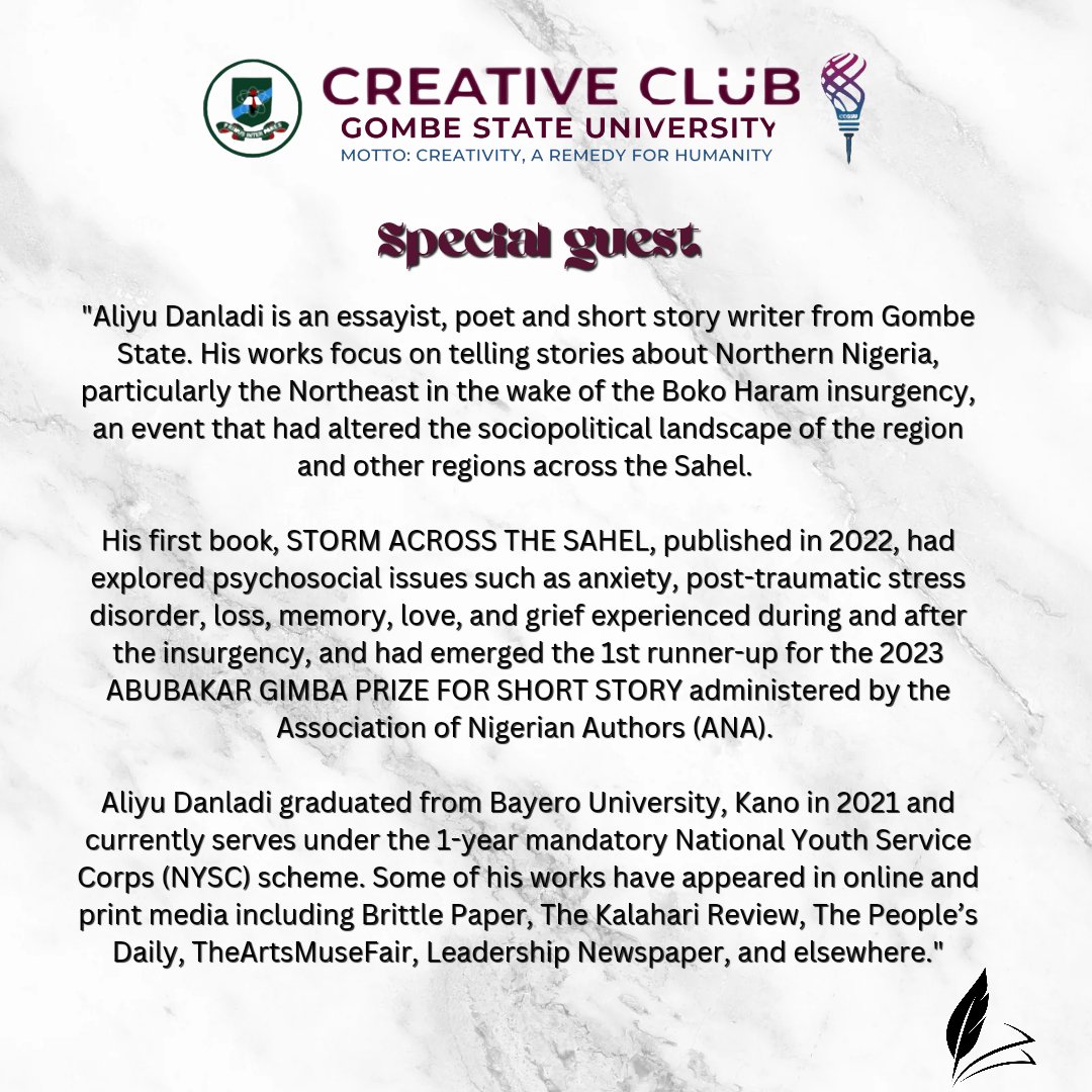 ccgsu1's tweet photo. Tomorrow we will be having a book chat with Aliyu Danladi 🔥

Join us for this interesting session 📙
In  @Gsu_Connect https://t.co/qIAca0y2rV