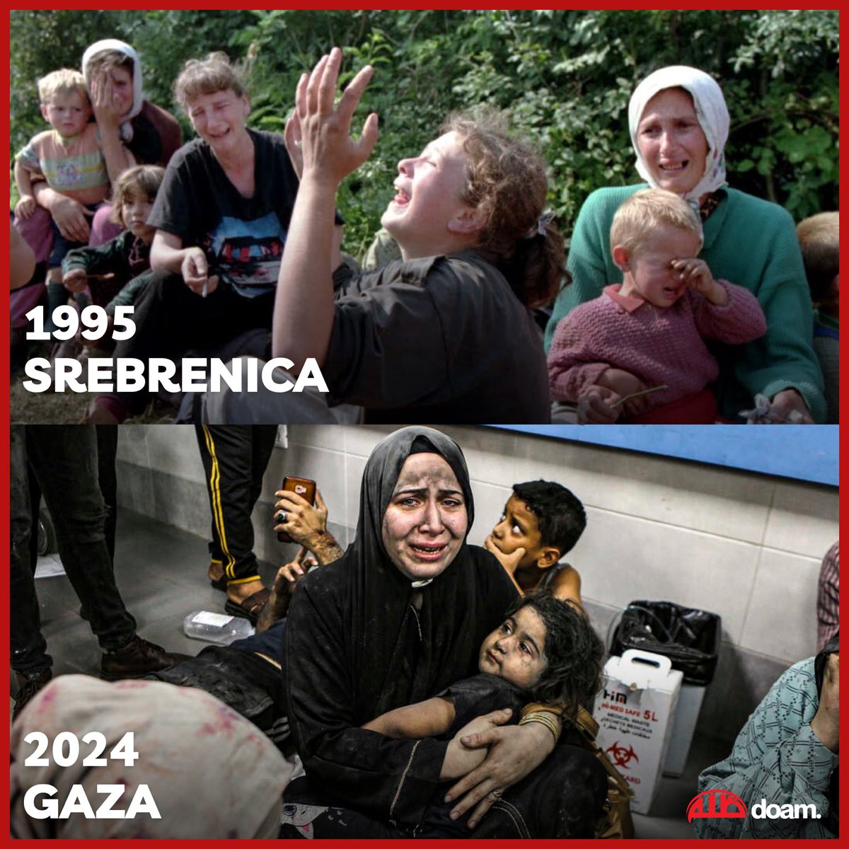 doamuslims's tweet photo. History Repeating Itself! 

Today (11th July 1995) marks 29 years since the Srebrenica Massacre. A genocide in which over 8,000 Bosnian Muslims were slaughtered in the United Nations ‘Safe Area’ of #Srebrenica by Serb forces. 

Today, the whole world is watching Israel carrying out a genocide against the Palestinians in besieged #Gaza, and not doing anything about it! A study by The Lancet this week estimates that the number of Palestinians killed could be as high as 186,000! 

#SrebrenicaMassacre #Bosnia #Srebrenica29 #GazaGenocide