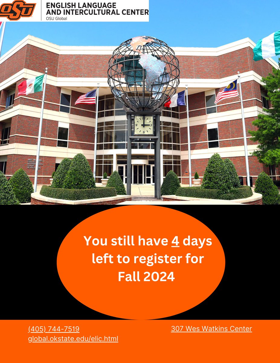 Fall 2024 English Language classes at Oklahoma State University are now open! Don't miss your chance to secure your spot. Apply today and take the next step towards your future! 📷 #Fall2024 #ApplyNow #osuglobal #GoPokes #OklahomaStateUniversity