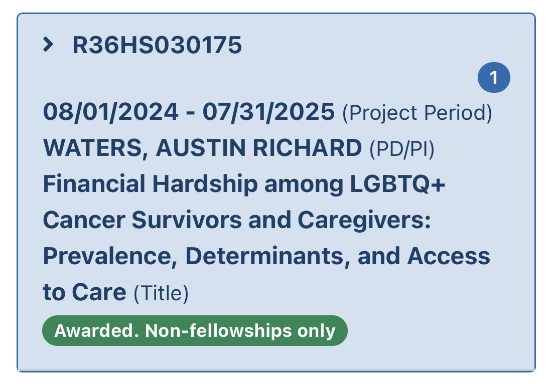 Austin R. Waters, PhD, MSPH (@austinh2o_) on Twitter photo Today I received my NoA for the AHRQ R36 Dissertation Grant and I’m over the moon! 🎉🌈
I am so appreciative of all of the wonderful mentors who got me here: <a href="/ErinEKent/">Erin Kent</a> <a href="/annersck/">Anne Kirchhoff</a> <a href="/WarnerEcho/">Echo Warner, PhD, MPH</a> <a href="/KTan_RN/">Kelly</a> <a href="/MyaLRoberson/">Mya Roberson, MSPH, PhD</a> Stephanie Wheeler, Don Rosenstein and many others Today I received my NoA for the AHRQ R36 Dissertation Grant and I’m over the moon! 🎉🌈
I am so appreciative of all of the wonderful mentors who got me here: <a href="/ErinEKent/">Erin Kent</a> <a href="/annersck/">Anne Kirchhoff</a> <a href="/WarnerEcho/">Echo Warner, PhD, MPH</a> <a href="/KTan_RN/">Kelly</a> <a href="/MyaLRoberson/">Mya Roberson, MSPH, PhD</a> Stephanie Wheeler, Don Rosenstein and many others