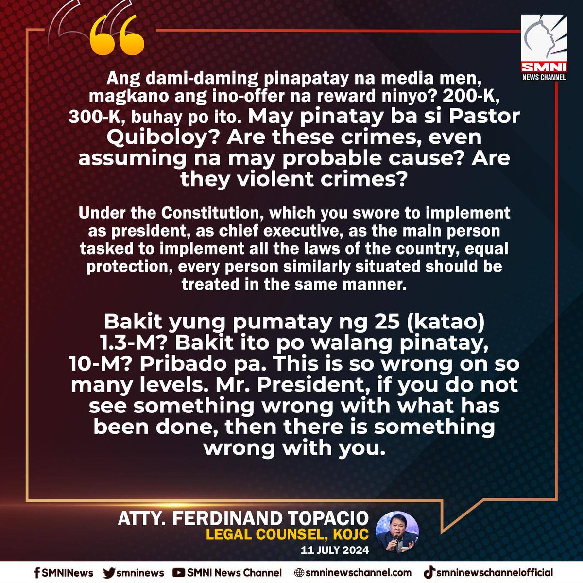 smninews's tweet photo. Mr. President, if you do not see something wrong with what has been done, then there is something wrong with you. –Atty. Topacio https://t.co/CsNGGNwBpE