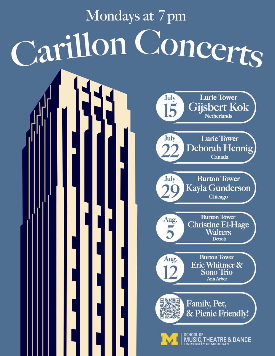 GoBlueBells's tweet photo. Join us at 7 pm on Monday, July 15 for the kickoff of our 2024 summer series. Dutch carillonist Gijsbert Kok performs music by Korean composer Il Hoon Son, Indonesian-Dutch composer Sinta Wullur, &amp; Dutch composer Roel van Oosten in a program that spans Bach to Piazzolla #carillon https://t.co/u7rkIOQb07