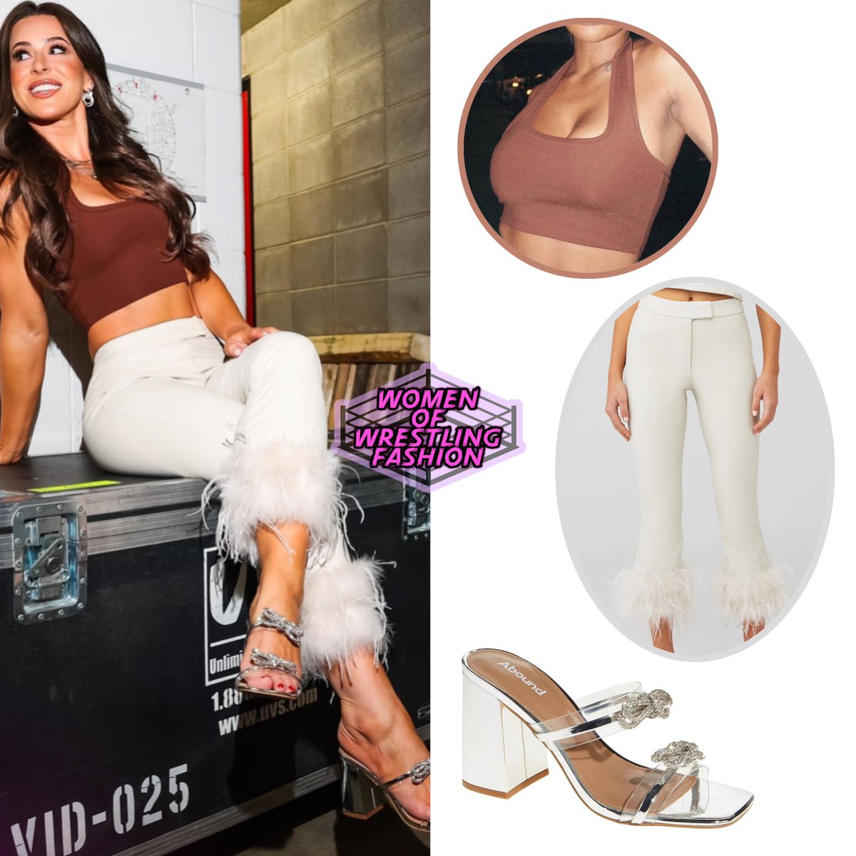 WmenWrstlinFash's tweet image. .@arkittyy wears the All Over You Halter in Cocoa from #Boyed (n/a), Pagetta Feather Trimmed Trousers in Bone from #Lamarque ($345) &amp;amp; Kitch Rhinestone Block Heel Sandal in Silver Metallic from #Abound ($39.97 via Nordstrom)