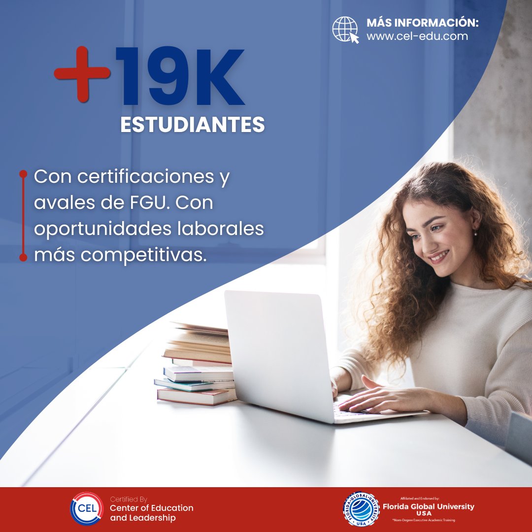 cel_education's tweet photo. Más de 19 mil estudiantes han confiado en nosotros y han elevado su perfil profesional con nuestras certificaciones avaladas por Florida Global University @fgu_online 

Prepárate para destacar en el mercado laboral 🚀🎓

#certificaciones #FGU #oportunidadeslaborales https://t.co/2eIqHlrb0k