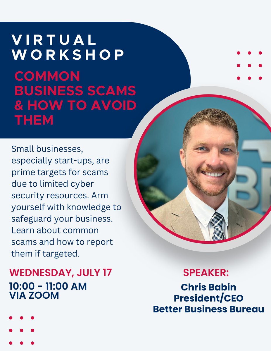LSBDCUL's tweet photo. Protect Your Small Business: Join Our Common Business Scams and How to Avoid Them Webinar!
 Register here: https://t.co/U7Vhe3VK4e. https://t.co/GSfO9sU8EV