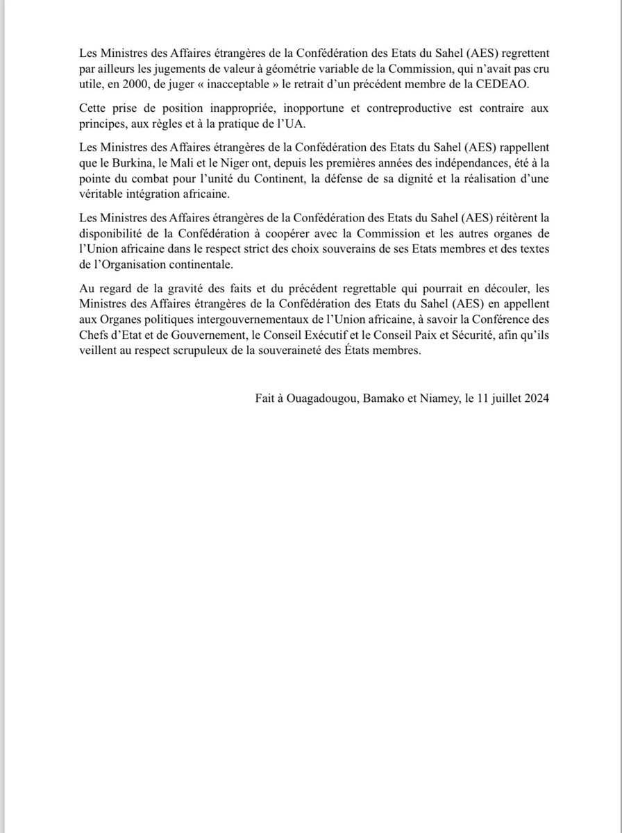 « Les Ministres des Affaires étrangères de la Confédération des Etats du Sahel (AES) réitèrent la disponibilité de la Confédération à coopérer avec la Commission et les autres organes de
l’Union africaine… »

t.me/+pQn76Z___INlN…