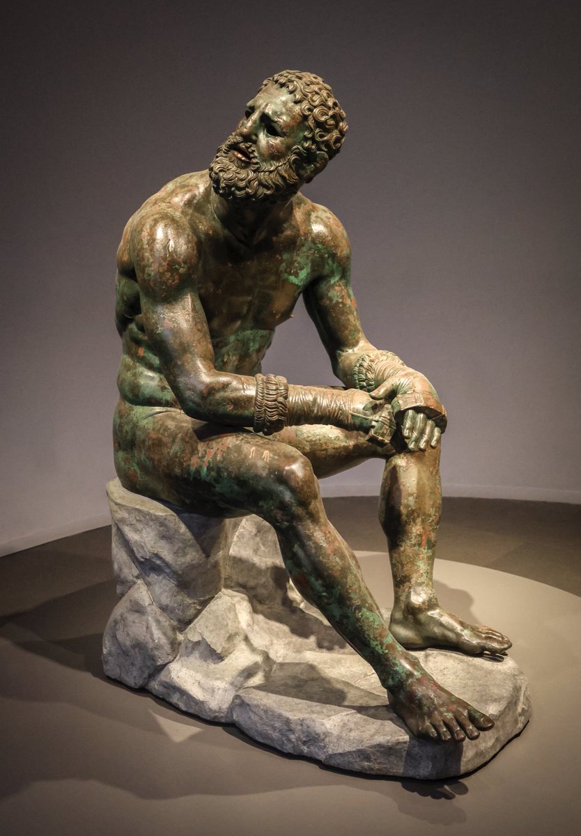 chapps's tweet photo. I never tire of viewing the famed bronze ‘Boxer at Rest’ at the #PalazzoMassimo in Rome. This one work of art - a Hellenistic Greek original, perhaps inspired by the work of Lysippos - feels the most human. Tired, beaten, bloody, scarred, and mortal. 

2nd c.-1st c. BCE

📸 me https://t.co/on8OKAXzzz