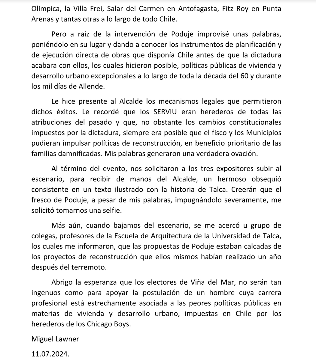 Carta de Miguel Lawner sobre Iván Poduje: