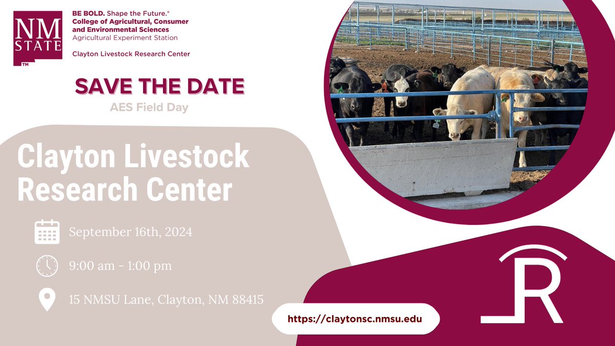 Save the Date! On September 16th from 9:00 am - 1:00 pm the Clayton Livestock Research Center will host its Annual Field Day. Join us to learn more about all the research conducted at the center. Event details to follow. #AES #GoAggies #fieldday #agriculturelife #nmsu