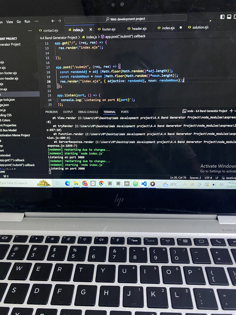 kosiee2's tweet photo. Day 70: Repeated the Ejs tag task. 
Day71-72: Ejs passing data and Ejs partials and layouts 
Day 73: End of Ejs lesson, ended it with completing the Band name generator project. 
#letsconnect
#professionaldevelopment
#100daysodcodingchallenge
#techcommunity
#webdeveloper https://t.co/i5BMITqeWc