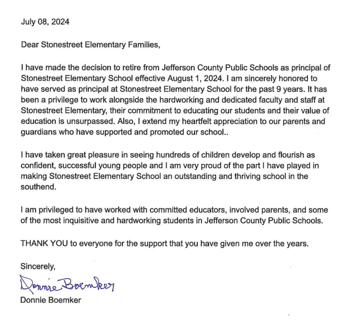 Your hard work and dedication to education should be commended. After years of helping others it's time to look after yourself. We will miss you very much. 
Happy Retirement Mr. Boemker!