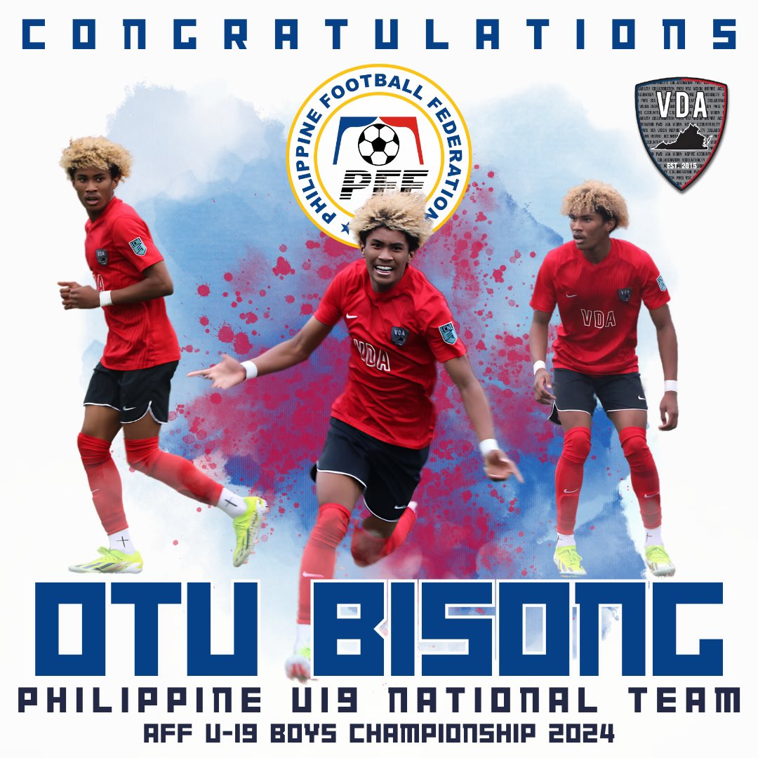 vdasoccer's tweet photo. Out Bisong 🤝 AFF Championship
Congratulations to Otu Bisong of the 05/06B team on being selected in the final roster for the Philippines U19 National Team! They will be competing in the AFF Championship in Indonesia later this month.
#LetsGoVDA #NationalTeamCallUp https://t.co/tZeLkVsL9e