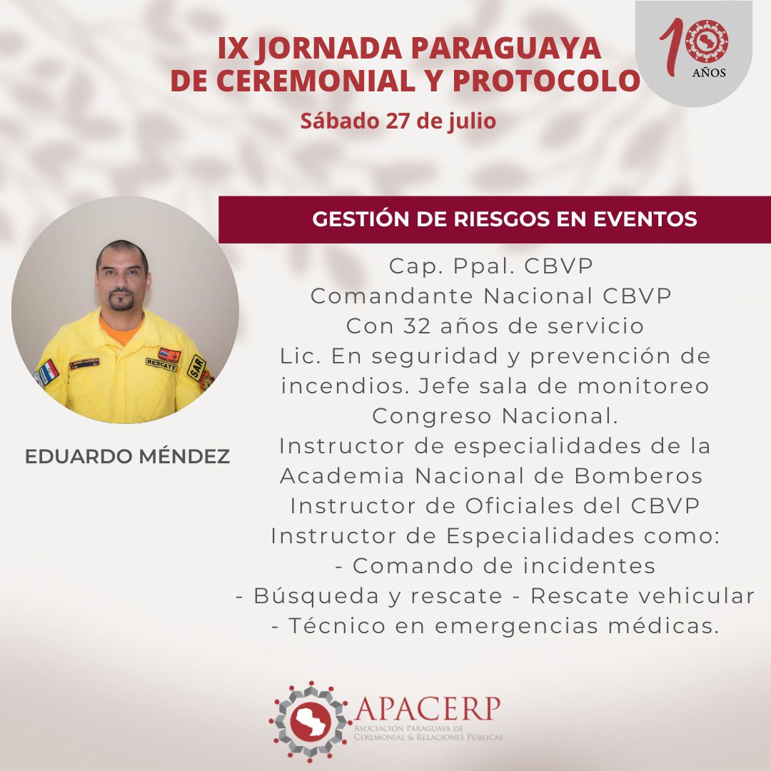 apacerppy's tweet image. 🗣️ Conoce a  Eduardo Méndez desde Paraguay 🇵🇾 uno de las disertantes que se suma a la “IX Jornada Paraguaya de Ceremonial y Protocolo”

🗓️27/07/24

#SomosApacerp
