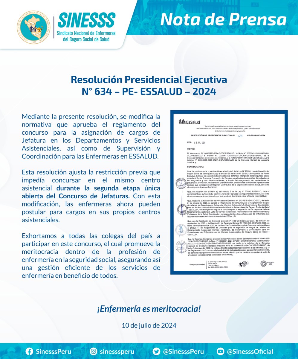 SinesssPeru's tweet photo. Mediante la Resolución Presidencial Ejecutiva N° 634 – PE- ESSALUD – 2024, se ha modificado el reglamento del Concurso de Jefaturas de Enfermería. Ahora pueden postular en sus propios centros asistenciales. #EnfermeríaEsMeritocracia #SINESSS https://t.co/od1TsX76MM