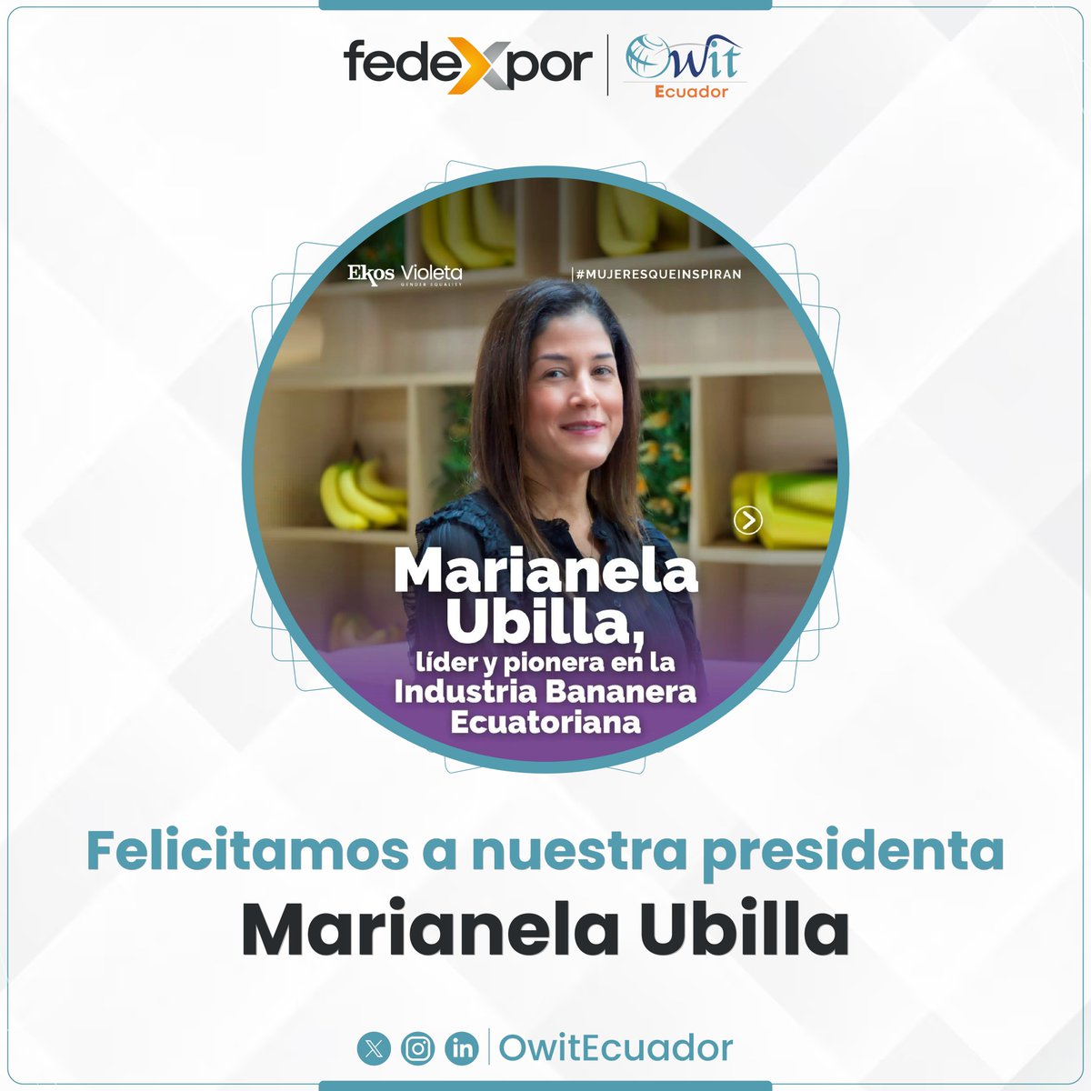 OwitEcuador's tweet photo. 🧡✨ Felicitamos a nuestra  Presidenta, @mubilla1, por su merecido reconocimiento como #MujeresQueInspiran en la revista #Ekos, que destaca su liderazgo empresarial en la industria bananera.

👉Link  https://t.co/4UwTNIk2BM https://t.co/XG0lwKg4Up