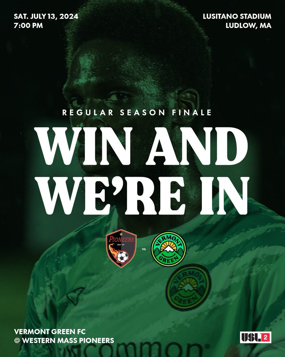 VermontGreenFC's tweet photo. Vermont Green FC will head to Ludlow, MA on Saturday night for a must-win match against Western Mass Pioneers at Lusitano Stadium. 

The task is simple: WIN AND WE’RE IN. https://t.co/pKqyoaUNLB