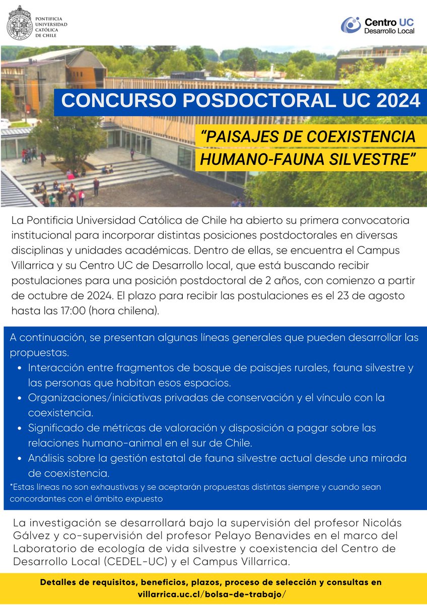 VillarricaUC's tweet photo. [Convocatoria Abierta] Concurso #posdoctoral "Paisajes de coexistencia humano-fauna silvestre". Revisa los detalles aquí https://t.co/IWbHUTGyY7 https://t.co/3siAYK0cw9