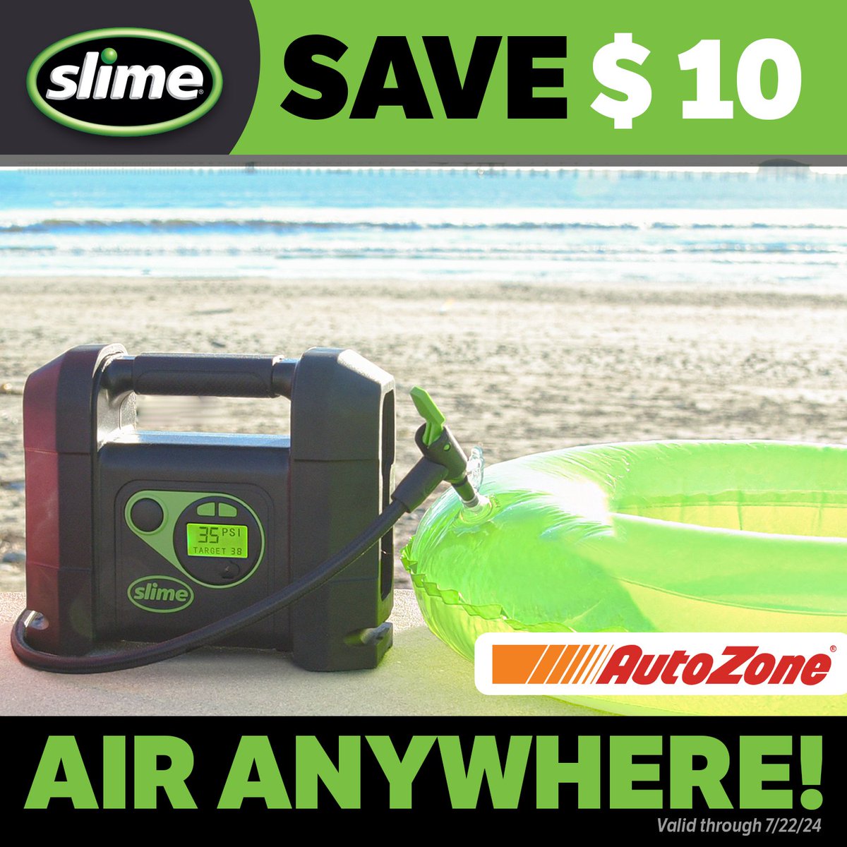 Slime's Cordless Tire Inflator delivers air anywhere! The beach, driveway, pool, campground - this portable, powerful inflator has got you covered. Save $10 now at <a href="/autozone/">AutoZone</a>!