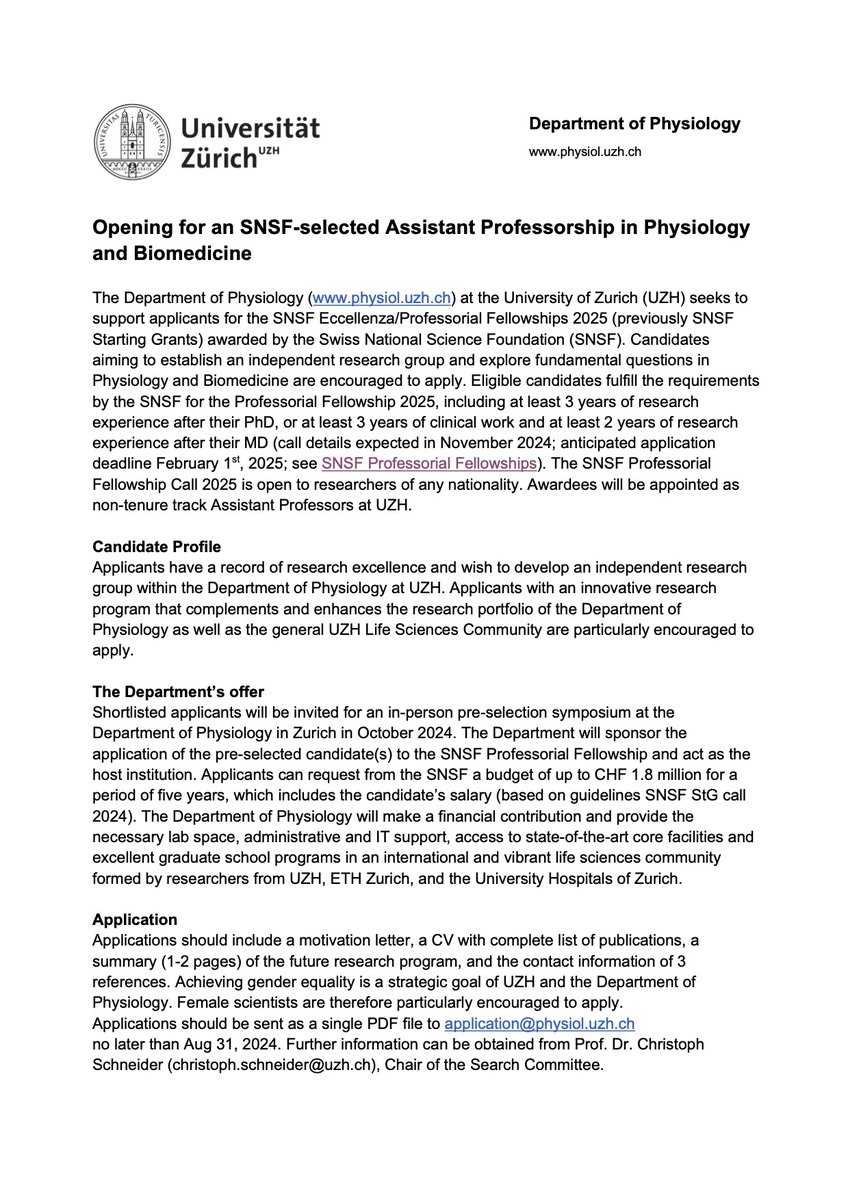 Christoph Schneider (@chschneider_phd) on Twitter photo Our Department <a href="/UZH_en/">University of Zurich</a> has an opening to host an SNSF-funded Assistant Professor. Are you considering starting your own lab with innovative research ideas related to physiology/biomedicine?👉APPLY! Superb environment, amazing resources and an outstanding life sciences community Our Department <a href="/UZH_en/">University of Zurich</a> has an opening to host an SNSF-funded Assistant Professor. Are you considering starting your own lab with innovative research ideas related to physiology/biomedicine?👉APPLY! Superb environment, amazing resources and an outstanding life sciences community