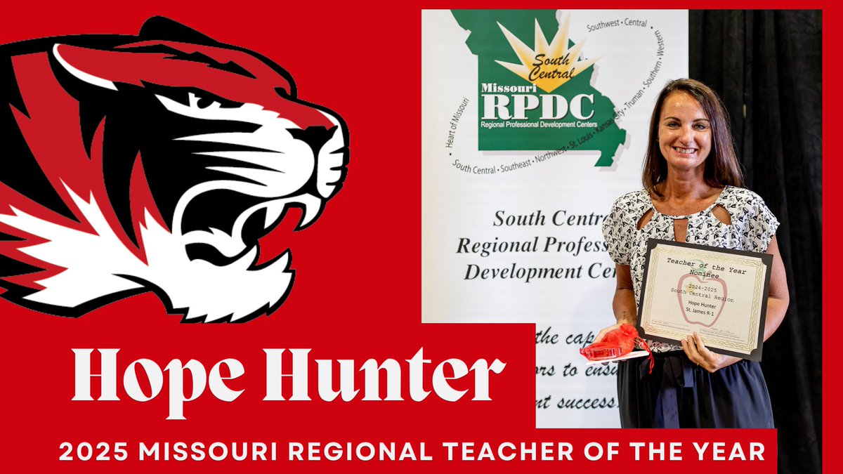 STJSchools's tweet image. 🎉 Exciting News! Our LWJE Librarian, Hope Hunter, has been named Regional Teacher of the Year! 🍎 She will now compete for Missouri State Teacher of the Year. Congratulations, Hope! 📚 #TOTY #stjschools #tigerpride