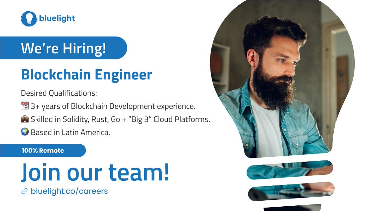 bluelightco's tweet image. New #BlockchainEngineer Job Alert! 

💼Experience with DeFi, NFTs, or other emerging blockchain applications.
💵Excellent
⏰Full Time

🔥Apply now! bluelight.co/careers 

#wearehiring #nowhiring #DeFi #NFT #BlockchainDeveloper #Jobalert #jobopportunity #remotework #bluelight
