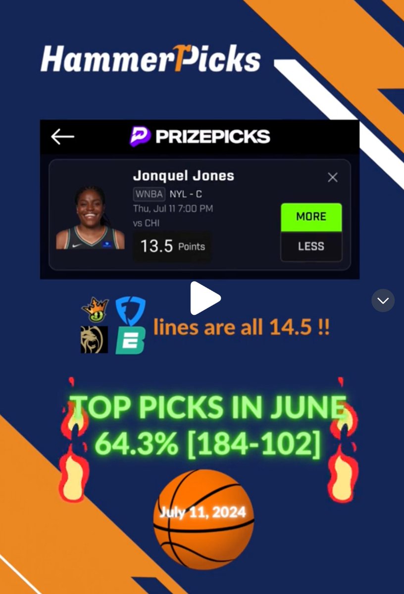hammerpicksHQ's tweet photo. 7/11/24 WNBA Pick is Jonquel Jones o13.5 Points  🔥

Subscribe at 👉 https://t.co/A50bQRRQ2A

#prizepicks #prizepicksWNBA  #dfs #sportsbetting #parlay #betting https://t.co/w9twG6jE0T