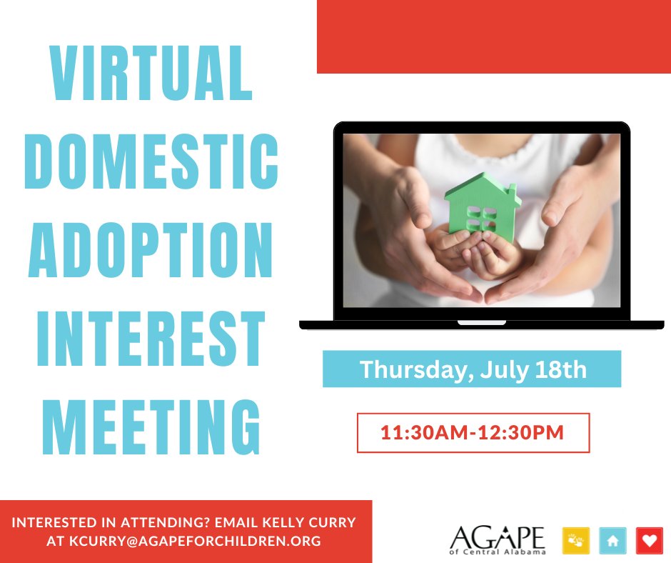 Agape4children's tweet photo. Is adoption something that God has put on your heart? If so, you should attend our virtual domestic adoption interest meeting on Thursday, July 18th at 11:30 am. Contact Kelly Curry at kcurry@agapeforchildren.org for more information. 
#agape4children https://t.co/RMliSXlKsW