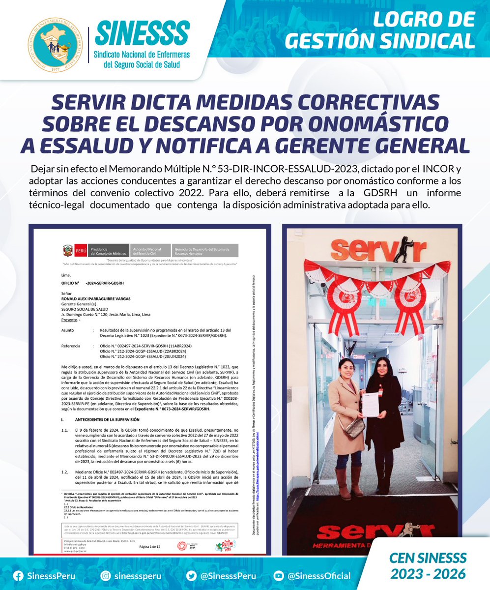 SinesssPeru's tweet photo. Descanso por onomástico corresponde a 12 horas, por lo tanto, queda sin efecto el Memorando Múltiple N° 53-DIR emitido por el INCOR el año 2023. #logrosindical #SINESSSBaseINCOR https://t.co/bMQVCUaVVL