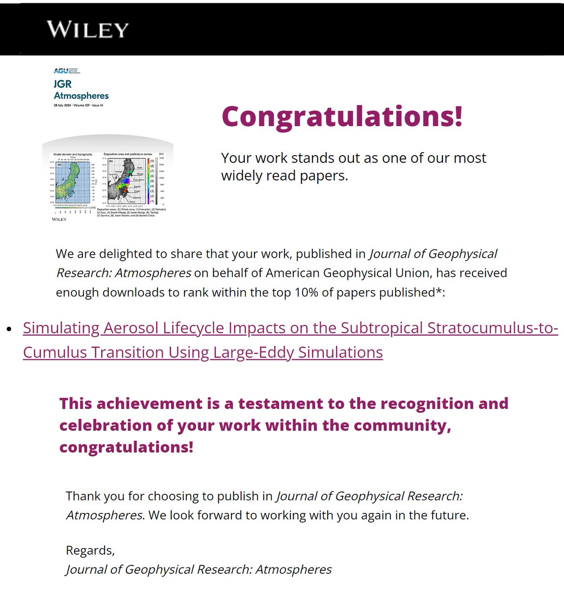 Ehsan_sci's tweet image. Good news! Our paper in the AGU Journal of Geophysical Research is among the most read (top 10%).
"Simulating aerosol lifecycle impacts on the subtropical stratocumulus‐to‐cumulus transition using large‐eddy simulations"
doi.org/10.1029/2022JD…
#AGU #JGR #JGRA #clouds #LES