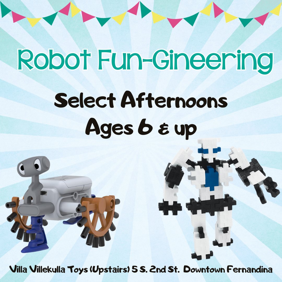 AmeliaIslandToy's tweet image. Tuesday July 16 is Robot FUN-gineering day! Sure we'll learn a little, but mostly we'll have fun! Every engineer goes home with their very own robot! Space is limited, Sign up online.

villavillekullatoys.com/collections/ev…
 #AmeliaIsland #ThingsToDoInJax #KidStuff