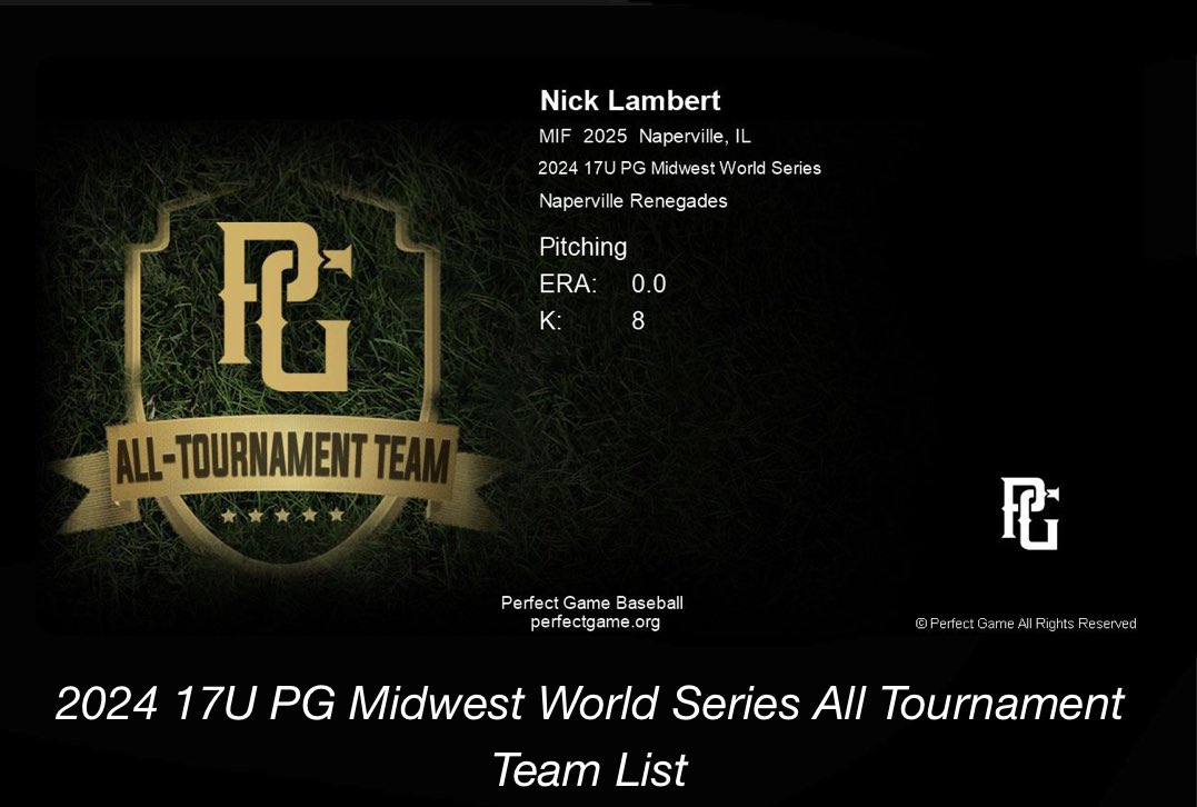NickLambert23's tweet photo. Thank you Perfect Game for selecting me to the 2024 Midwest World Series All Tournament Team.

@NapRenegades @wvhsbaseball @BauschCoach @IowaPG @PG_Uncommitted https://t.co/EHtcAwD0zc
