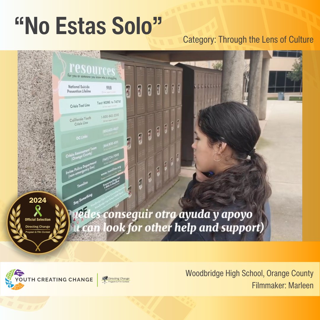 “No Estas Solo” was created by an Orange County youth for the TLC category of our annual Directing Change Contest. The film seeks to uplift those struggling with mental health in the Latinx community by showing them support is available.

Watch the film: vimeo.com/918579516