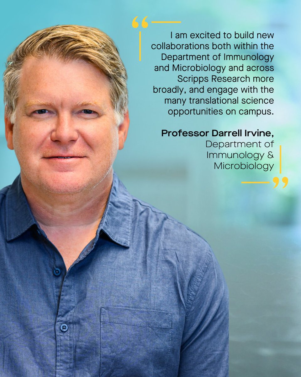 scrippsresearch's tweet photo. Meet Prof. Darrell Irvine 👋 Irvine collaborates across immunology, microbiology, and other fields to pursue translational science, focusing on infectious disease and cancer. His lab integrates principles from immunology with biotechnology and materials chemistry. https://t.co/wZ33PajO6Q