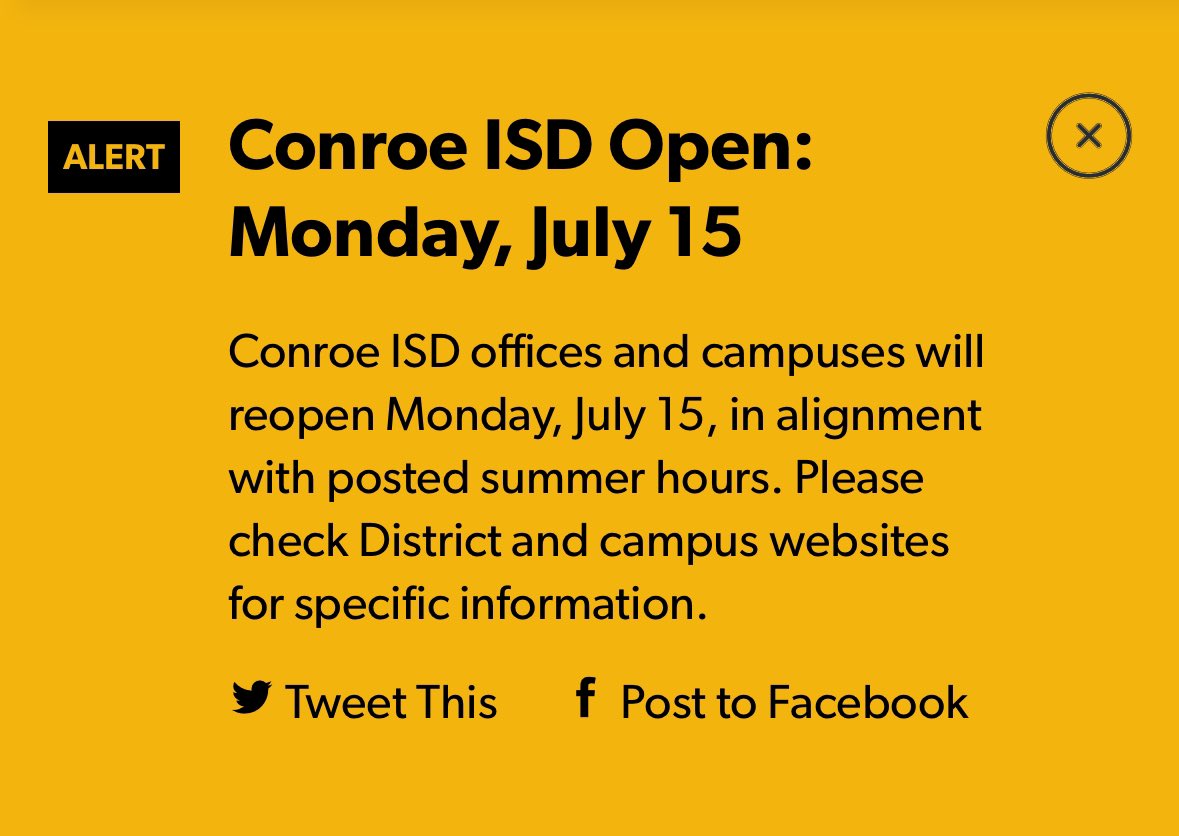 Conroe ISD offices and campuses will reopen Monday, July 15, in alignment with posted summer hours. Please check District and campus websites for specific information.