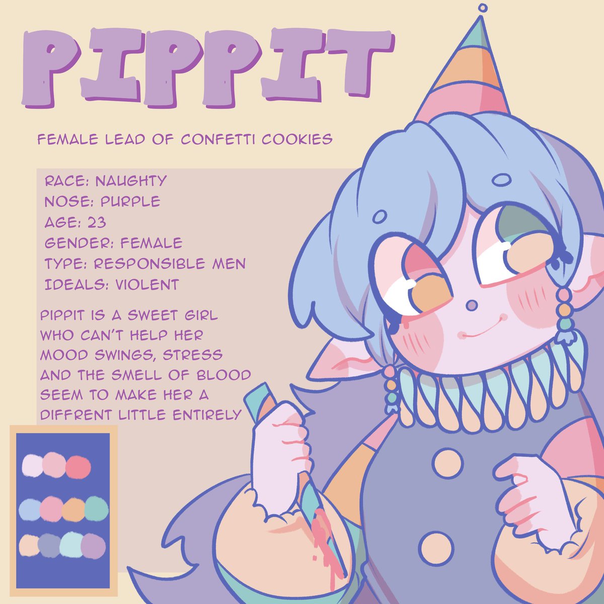 🎉・Day 2 | Because I wanted to draw her | PIPPIT

Small lore facts: 
Little = The actual race/people  
Naughty = Banished Little 
Kandie = Overseers 

Noses: 
Purple = Murderers   
Blue = Sexual &amp; Adultery  
Pink = Thievery
Green = Greed &amp; Liars
