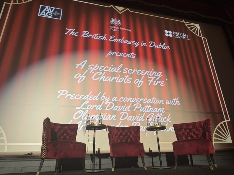 PJohnstonFCDO's tweet image. 100 years ago tonight Eric Liddell won the Paris Olympics 400m, immortalised in “Chariots of Fire”. Honoured to interview @DPuttnam & @DavidGillick @StellaRathmines before the screening.
