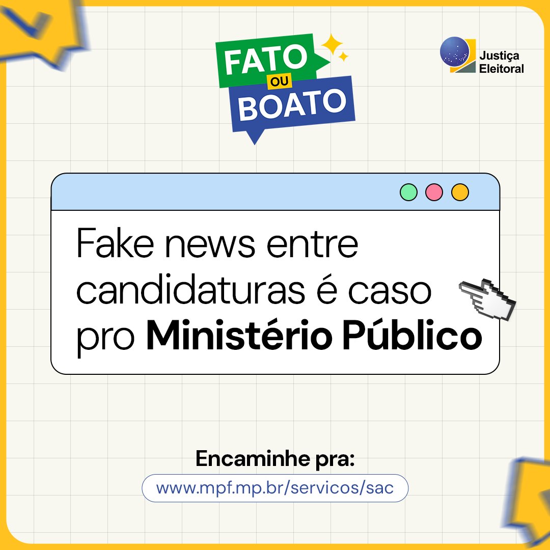 Desinformação manipula e ameaça a legitimidade das eleições! Denuncie corretamente:
✅Processo eleitoral – Sistema de Alertas da #JustiçaEleitoral: tse.jus.br/eleicoes/siste…
✅Candidaturas – Ministério Público Eleitoral: mpf.mp.br/servicos/sac
Proteja a democracia 🙌🏾 #FatoOuBoato