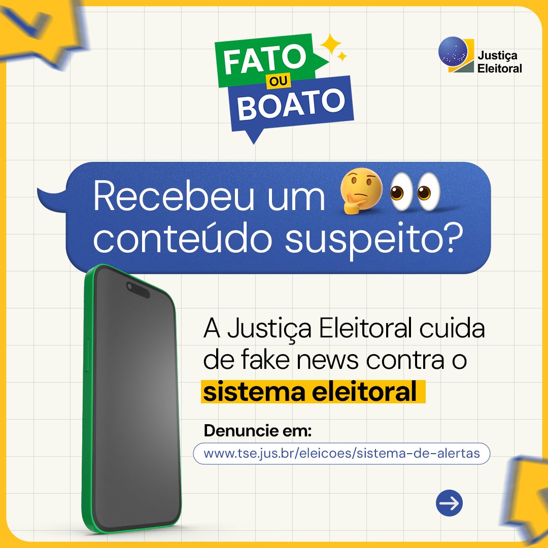TSEjusbr's tweet photo. Desinformação manipula e ameaça a legitimidade das eleições! Denuncie corretamente:
✅Processo eleitoral – Sistema de Alertas da #JustiçaEleitoral: https://t.co/RQMP8Auci0
✅Candidaturas – Ministério Público Eleitoral: https://t.co/gT0O1gEhPb
Proteja a democracia 🙌🏾 #FatoOuBoato https://t.co/pvZJLAprDS