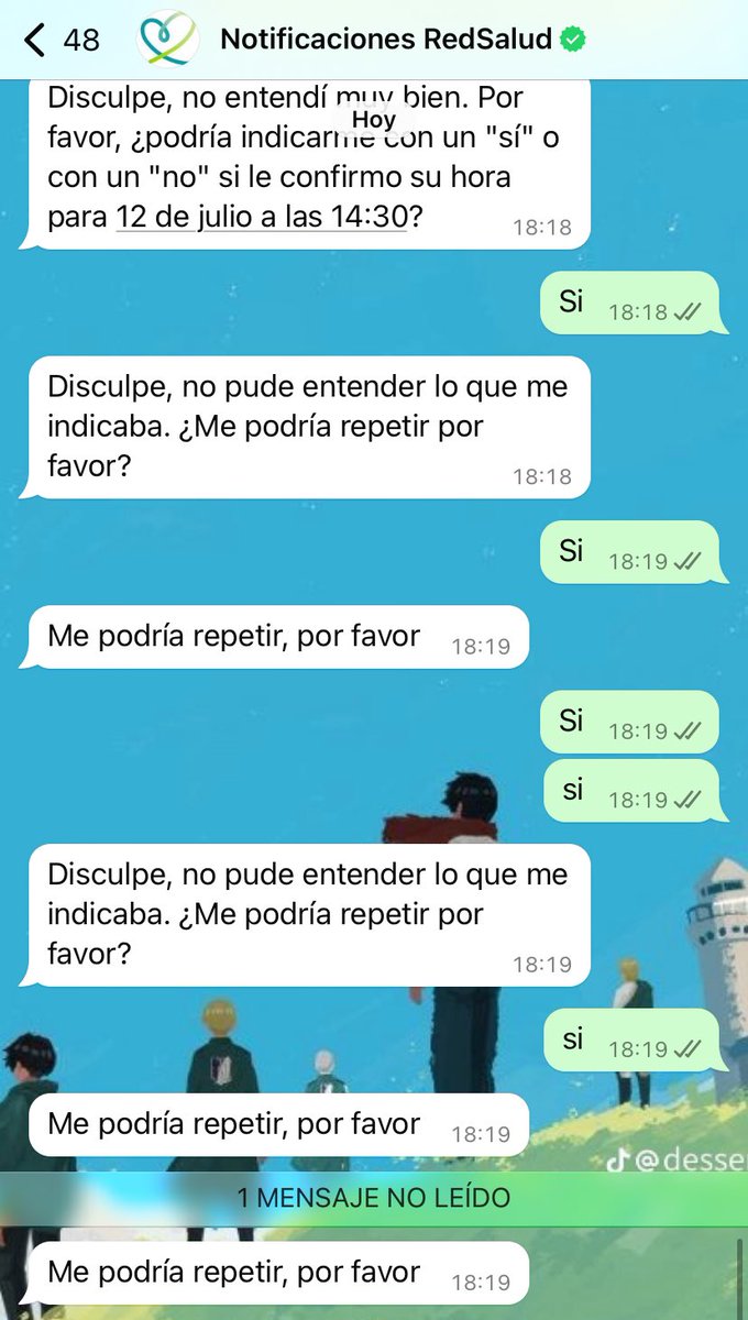 TatianaNatsu's tweet photo. El bot de @RedSaludCChC aparte de insistir que le re confirmes cada dia si vas a asistir a tu cita, se bugea o simplemente me esta agarrando pal tandeo? Jaja #leavealone 🤣😂no puedo con su ansiedad🫣 https://t.co/bMmyAgYwCo