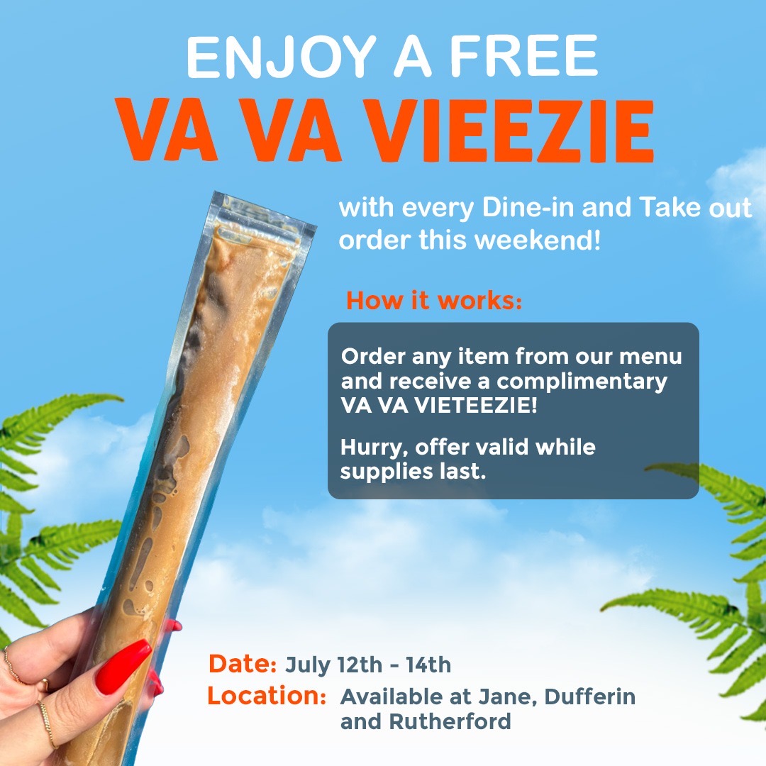torontopho's tweet photo. Spread the word! 🚨

From July 12th to 14th, order any menu item and get a free Va Va Vieteezie. 🧊☕️

Be the first to try it before it hits all our locations. 

**Valid for takeout and dine-in only at Rutherford, Jane, and Dufferin. Limited time offer, while supplies last!** https://t.co/3RxStfaOPb