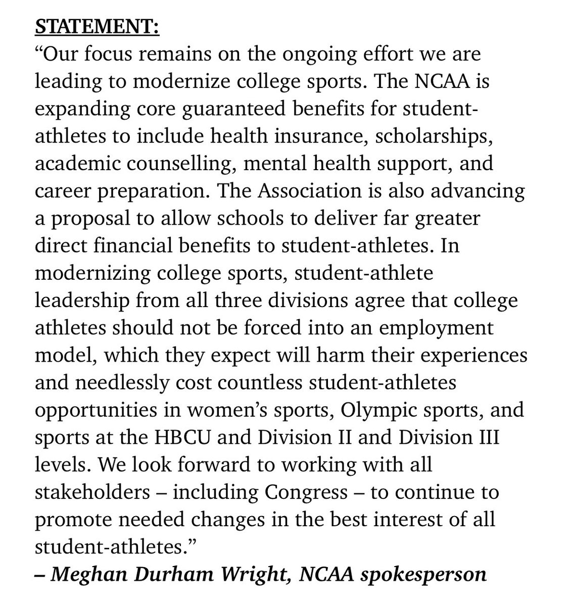 Statement from the NCAA on the Johnson ruling today, reiterating its opposition to an employment model: