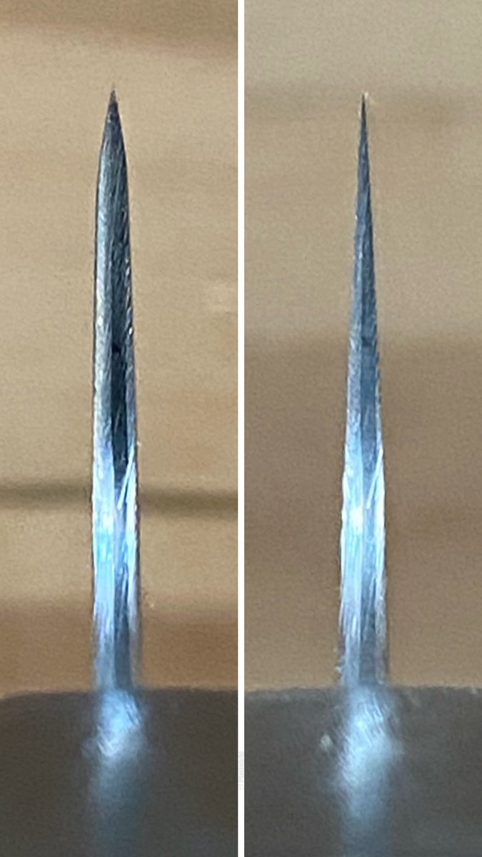 santoku's tweet photo. Some before and after shots of a thinning I did this week. Years ago I repaired this knife after it cut through a Robot Coup wire and the edge was melted. That removed a lot of steel, and in the years since it’s only gotten thicker and thicker. Thin and slicey now. https://t.co/wPAkq5km0F