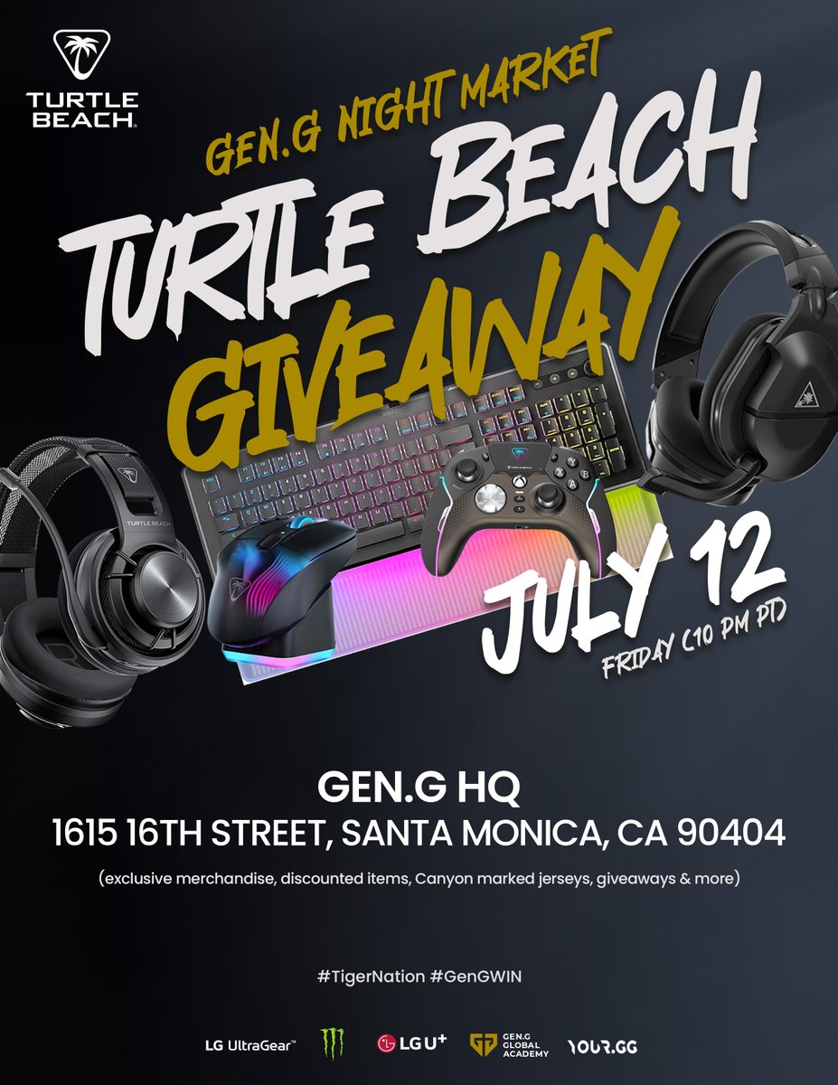 Ready to upgrade your setup for FREE? 😏🎧⌨

Stop by our #LCK Night Market Watch Party at the Gen.G HQ in Santa Monica for a chance to win <a href="/TurtleBeach/">Turtle Beach</a> peripherals on July 12th! ✨

#TIGERNATION #GENGLOL #TURTLEBEACH