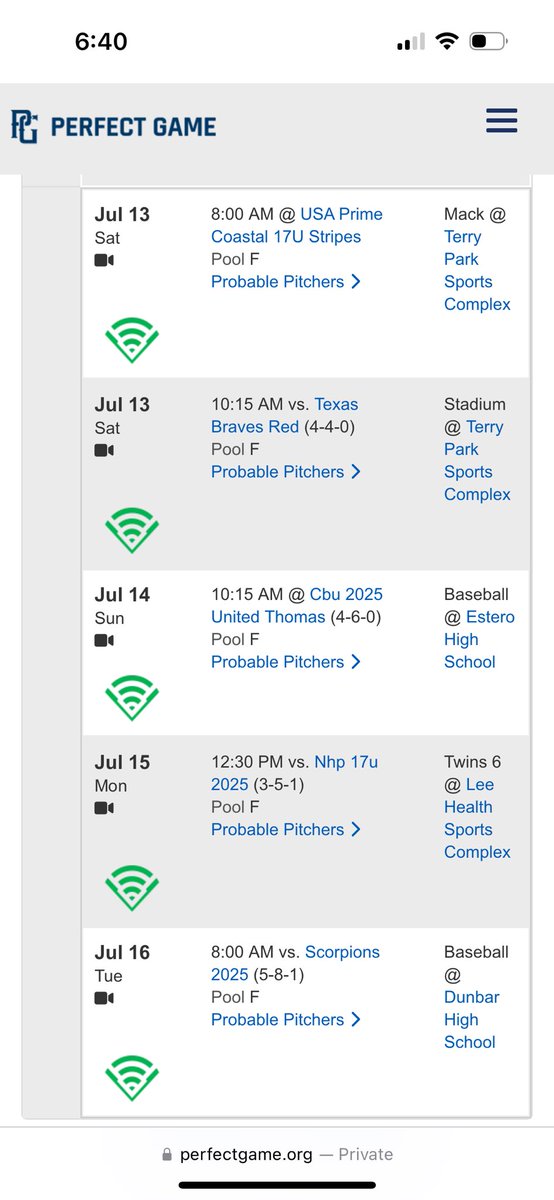 Coaches, I will be playing in the Perfect Game BCS. Located in Fort Myers, FL. Pool play starts on Saturday. Below is a picture of my schedule.
