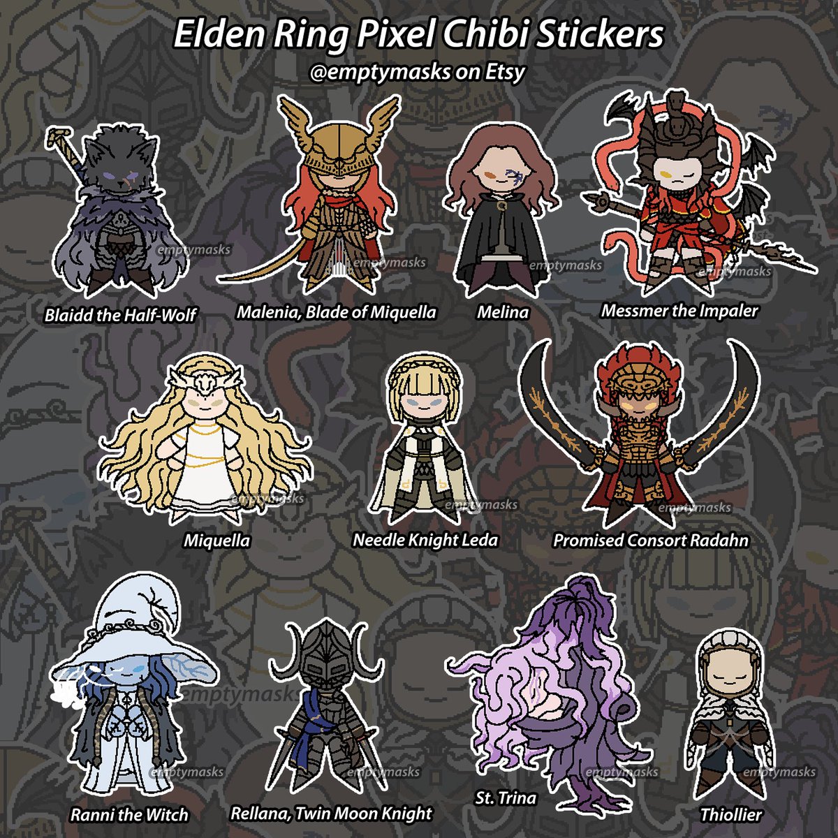 emptymasks's tweet photo. Uh oh new brainrot activated. Stickers, badges and keychains inspired by Elden Ring Shadow of the Erdtree now available! Now I'm off to smooch Messmer.✨

 https://t.co/QkwFBPCWn3 

#eldenring #eldenringfanart #EldenRingShadowoftheErdtree #EldenRingDLC #messmer https://t.co/oohhU9d86C