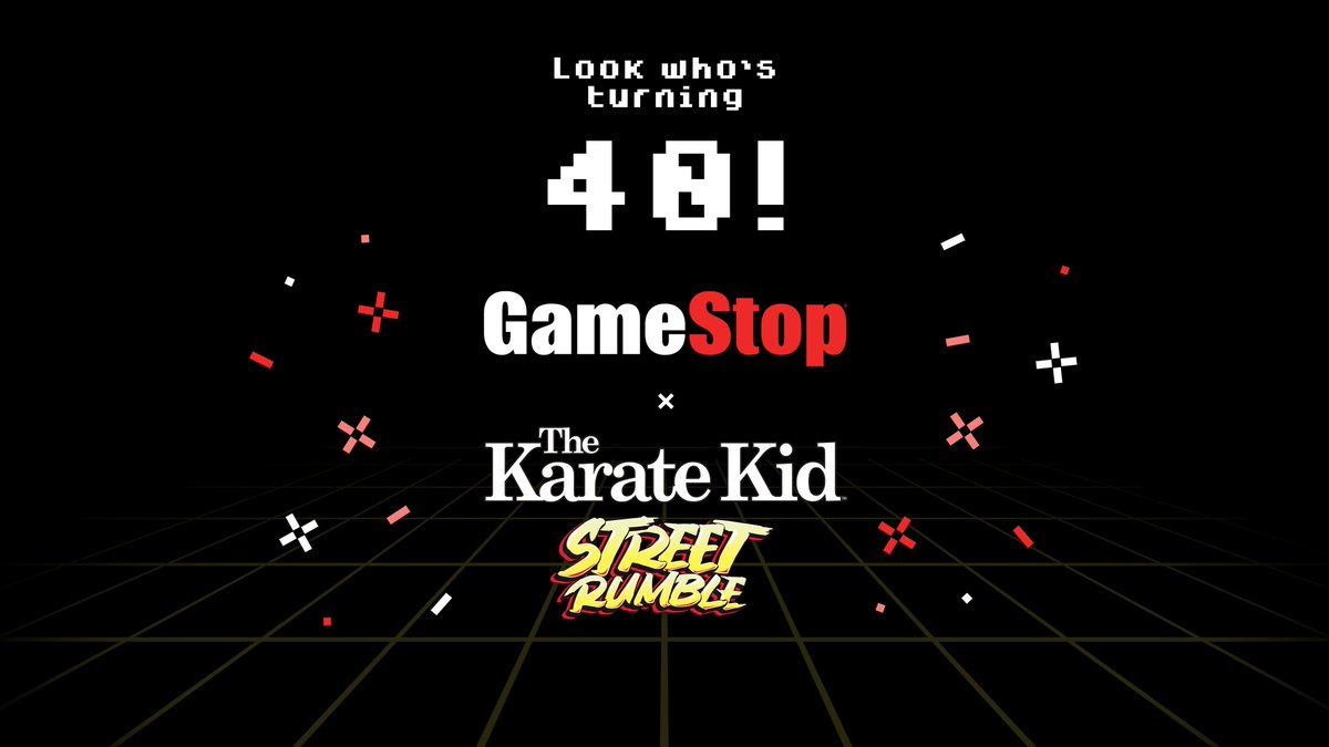 gamestop's tweet photo. 40 years of iconic kicks &amp; epic games! 🥋🎮 Celebrate GameStop's &amp; The Karate Kid's anniversaries by tuning into @IGN tomorrow for the exclusive reveal of a brand-new Karate Kid game. 
Pre-orders go live tomorrow, so get ready to wax on &amp; game on!
#GameStop40 #KarateKid40 https://t.co/vElH7hOFEs