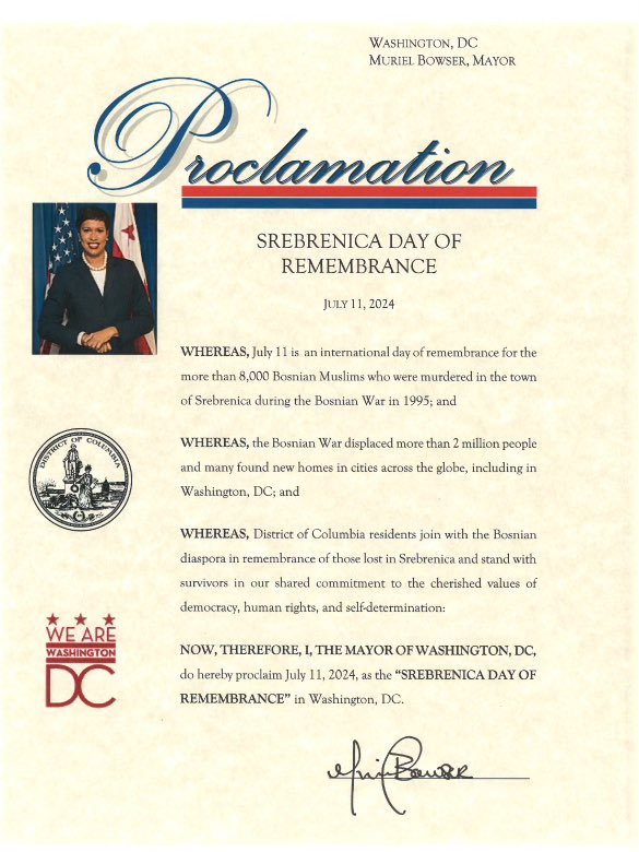 BosnianGenocide's tweet photo. Thank you to @MayorBowser for signing this proclamation to recognize today as #Srebrenica Remembrance Day in Washington, DC. https://t.co/halEr2cUyt