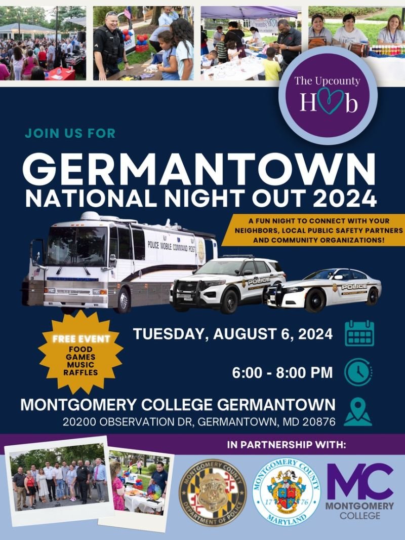 Back in Germantown this year! National Night Out at Montgomery College! Enjoy free food and activities and build relationships with our awesome law enforcement members