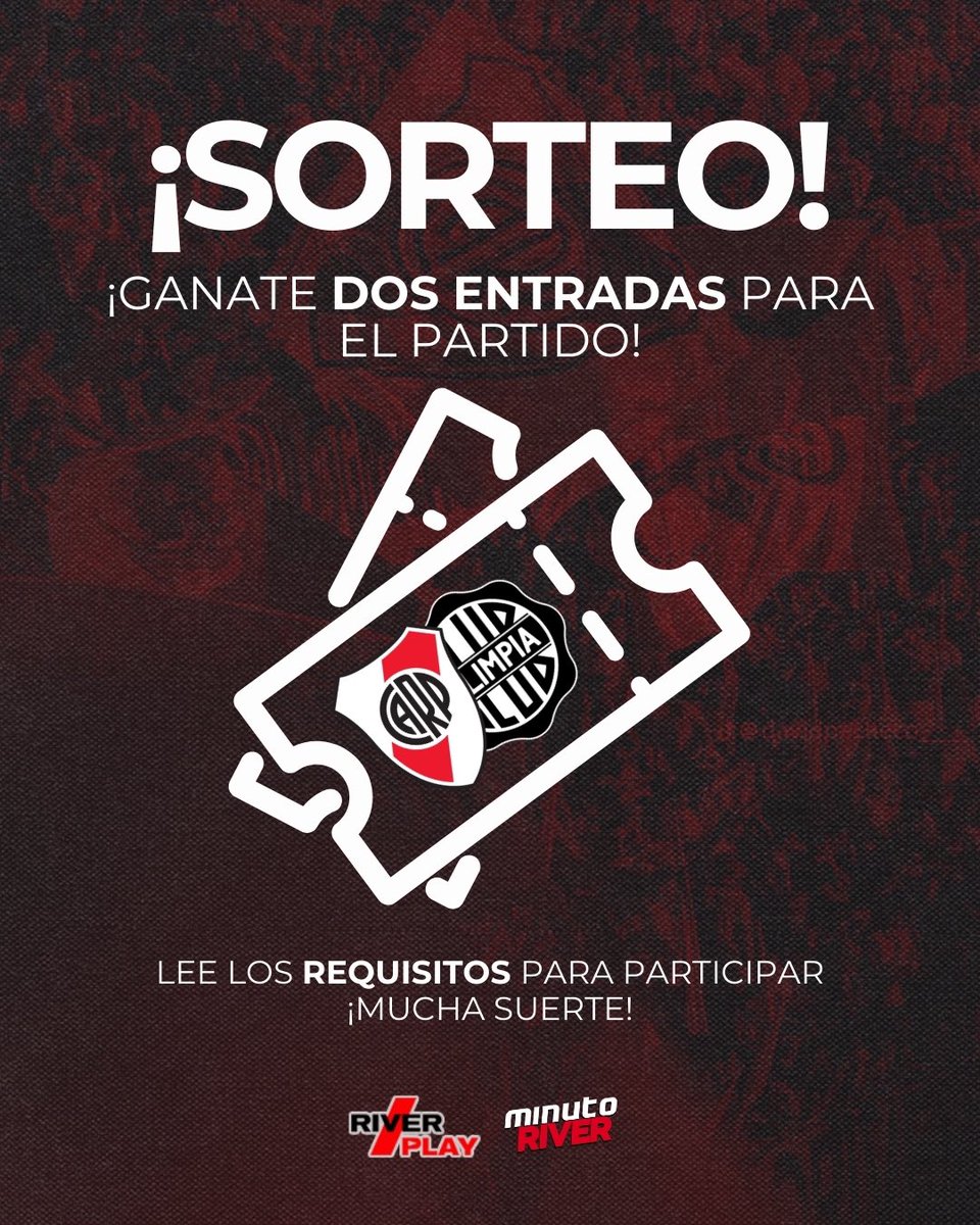 🎟️🎁 SORTEO EXPRES DE UN PAR DE ENTRADAS PARA IR AL MONUMENTAL 

Regalamos 2 entradas para ver el amistoso entre #River y Olimpia del próximo sábado. 🏟️‼️

👉🏻✅ Seguir: <a href="/minutoriverok/">𝗖𝗮𝗼𝘀.</a> - <a href="/FacundoBrignolo/">Facundo Brignolo</a> y <a href="/RiverPlay_OK/">River Play Digital</a> 

🙌 El ganador será anunciado mañana a las 20hs.