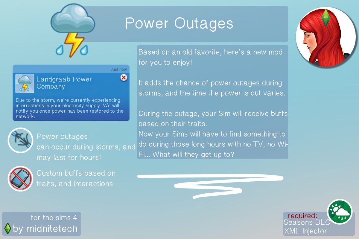 xxtinkerbell's tweet photo. I cant wait to try this mini mod out! 🤍 

Your sims power can get cut off during a storm and can last for hours, they cant have any wifi, watch tv, use the computer, ect. I love the small realistic mods that make the game so much better! https://t.co/pok9elSwcl